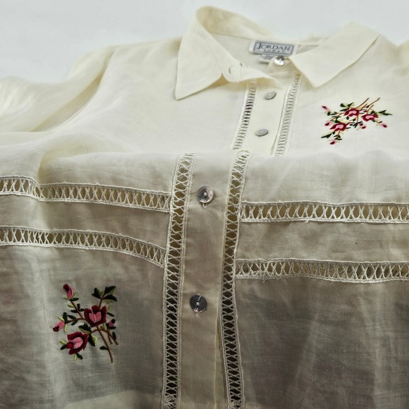 Vintage Embroidered Floral Linen Shirt‎ Top 22W Cream Romantic Coastal Blouse - Picture 5 of 9